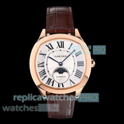 Swiss Replica Cartier Drive de Cartier White Dial Rose Gold Case Moon Phase Watch 